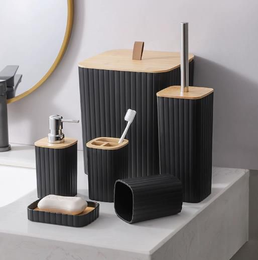 6-Piece Luxury Bathroom Accessories Set with Bamboo Lid – 4 Colours (Dark Grey/White/Blue Grey/Black)