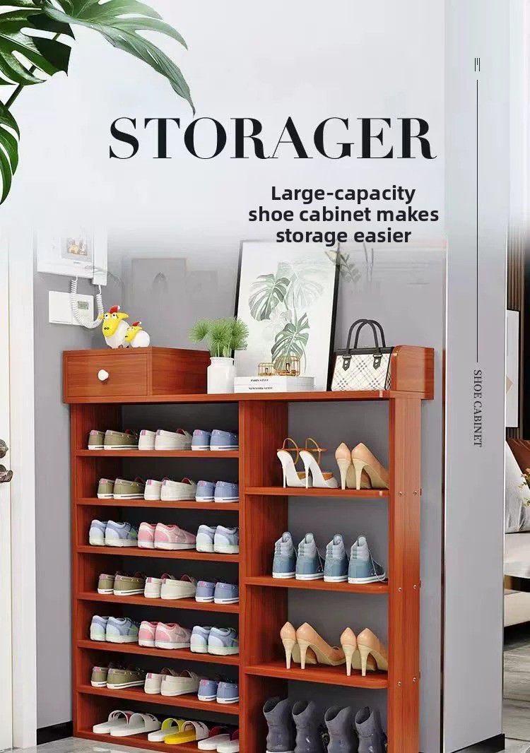 8-Layer Heavy Duty Shoe Rack Cabinet with Drawer & Countertop – 100x24x106cm (Sandalwood)
