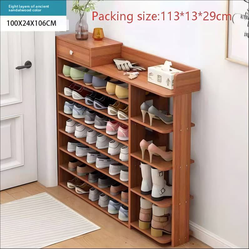8-Layer Heavy Duty Shoe Rack Cabinet with Drawer & Countertop – 100x24x106cm (Sandalwood)