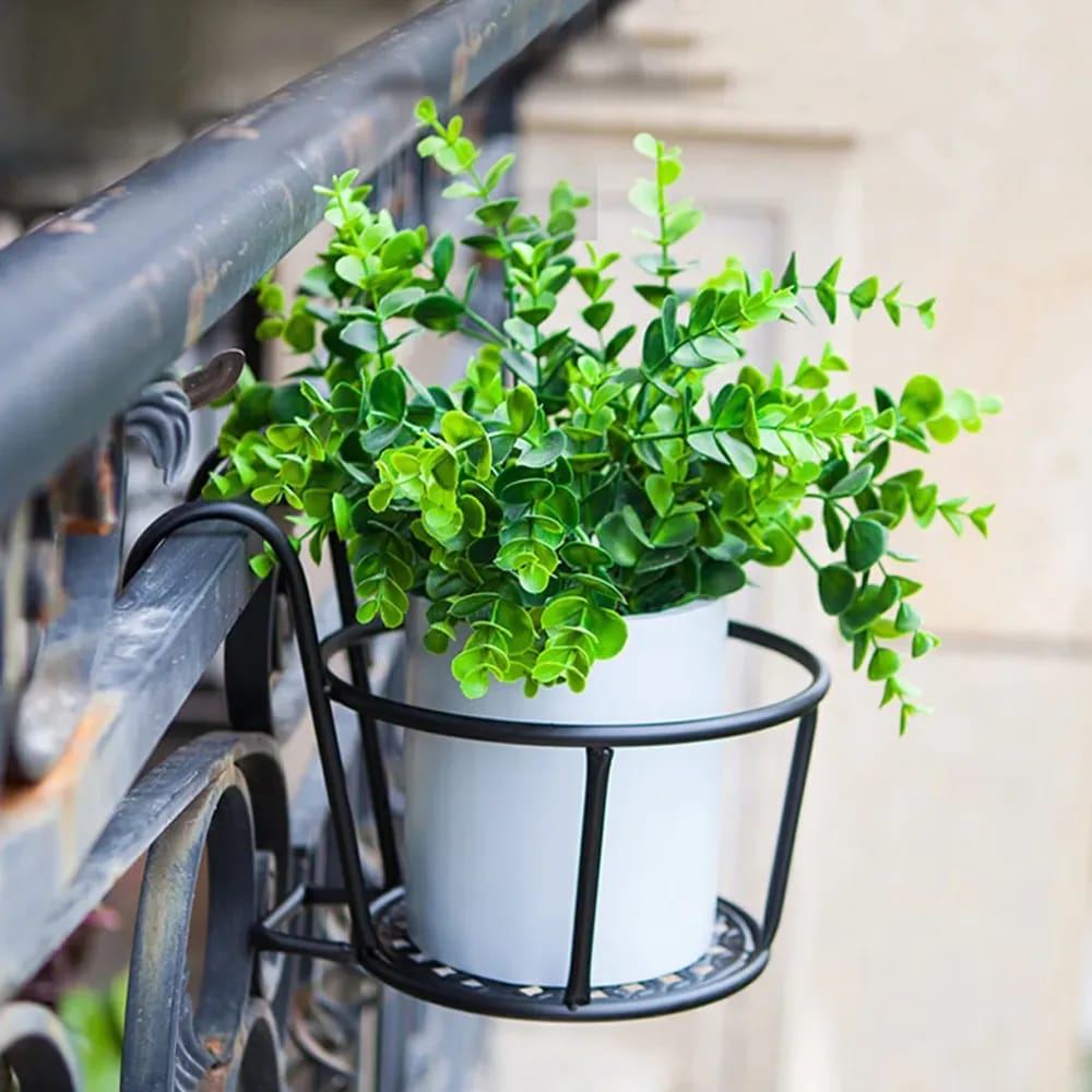 Metallic Over the Balcony Railing Flower Pot Holder – Black Iron