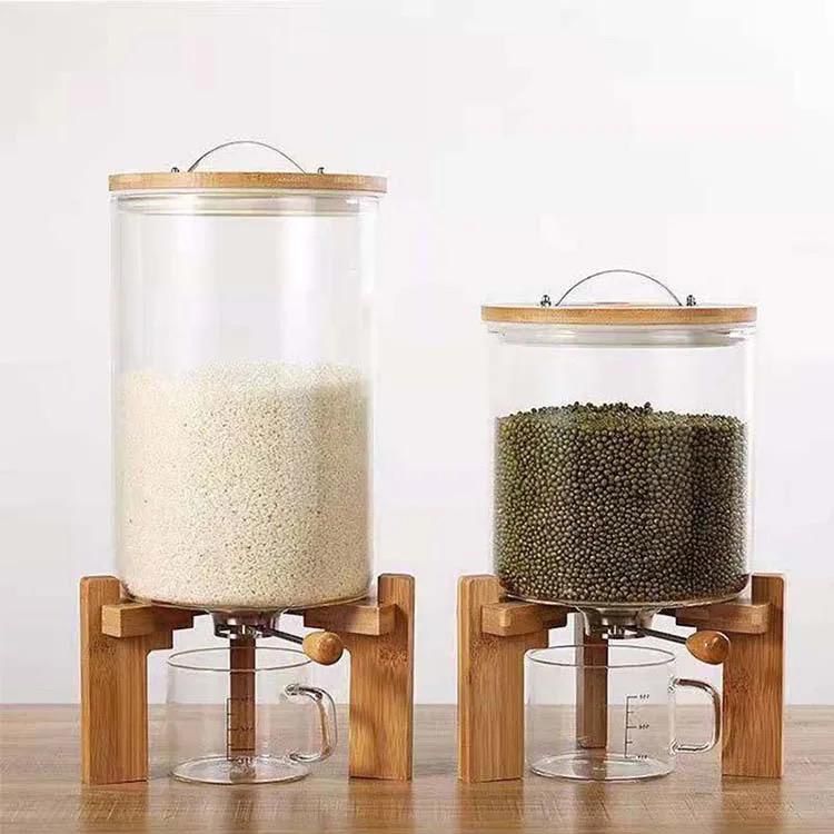 High Borosilicate Glass Rice & Grain Dispenser with Bamboo Stand, Airtight Lid & Measuring Cup