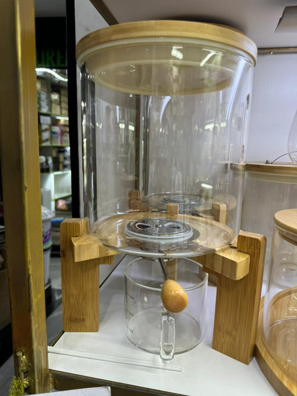 High Borosilicate Glass Rice & Grain Dispenser with Bamboo Stand, Airtight Lid & Measuring Cup