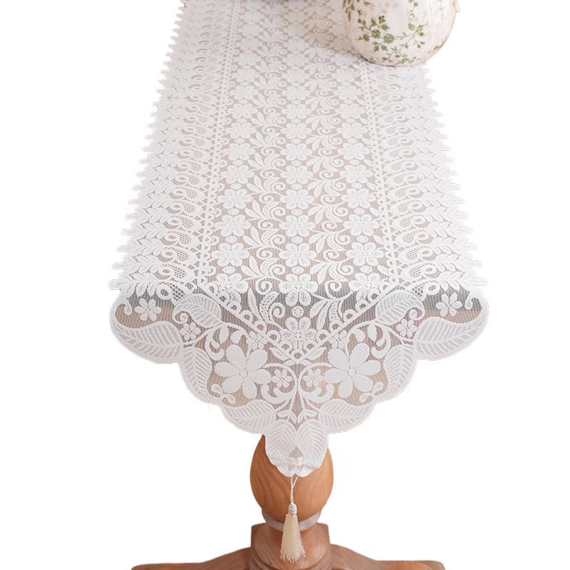Retro French Lace Table Runner | White Embroidered | Tassel Ends | 40×260cm | Multi-Use