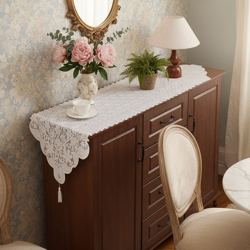 Retro French Lace Table Runner | White Embroidered | Tassel Ends | 40×260cm | Multi-Use