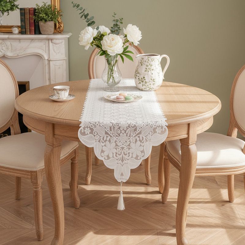 Retro French Lace Table Runner | White Embroidered | Tassel Ends | 40×260cm | Multi-Use