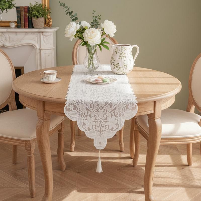 Retro French Lace Table Runner | White Embroidered | Tassel Ends | 40×260cm | Multi-Use