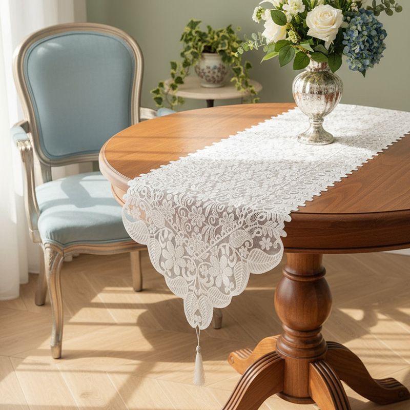 Retro French Lace Table Runner | White Embroidered | Tassel Ends | 40×260cm | Multi-Use