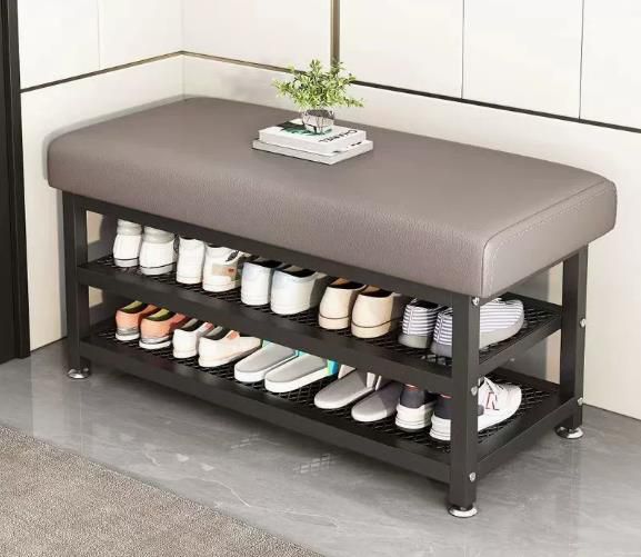 Entryway Shoe Rack Bench with Padded Seat | 3-Tier | Metallic Frame | 100×32×51cm | Grey & Beige