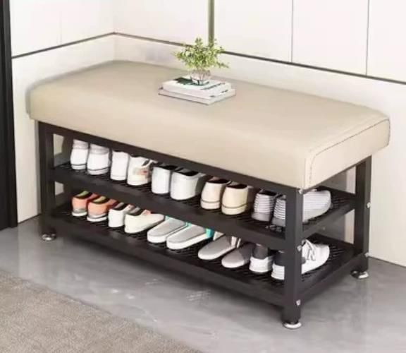 Entryway Shoe Rack Bench with Padded Seat | 3-Tier | Metallic Frame | 100×32×51cm | Grey & Beige