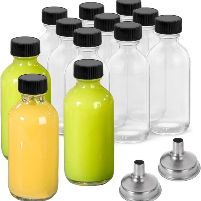 Set of 10 Ginger Shot Glass Bottles | 60ml | Leakproof Black Cap | Reusable | Includes Funnels