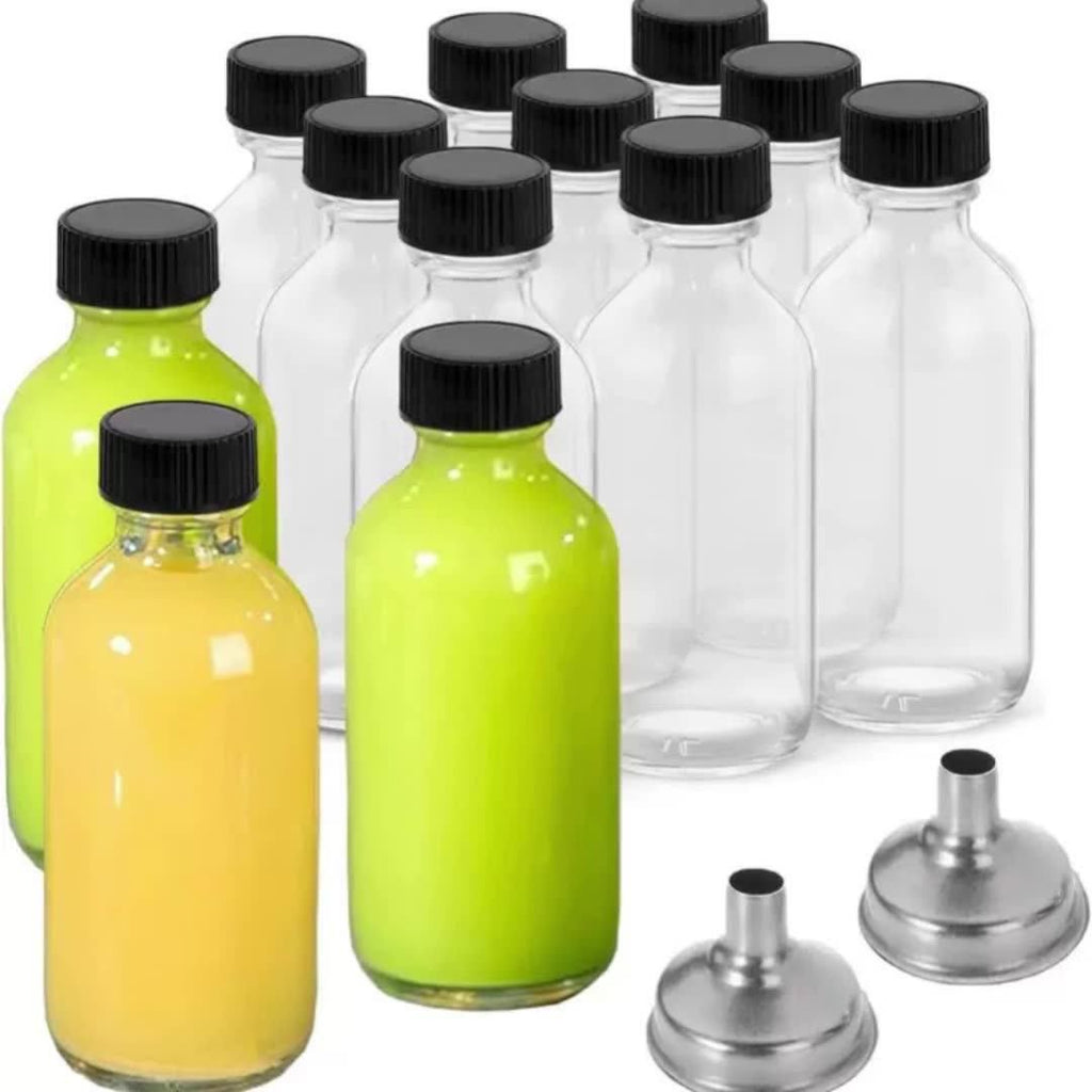 Set of 10 Ginger Shot Glass Bottles | 60ml | Leakproof Black Cap | Reusable | Includes Funnels