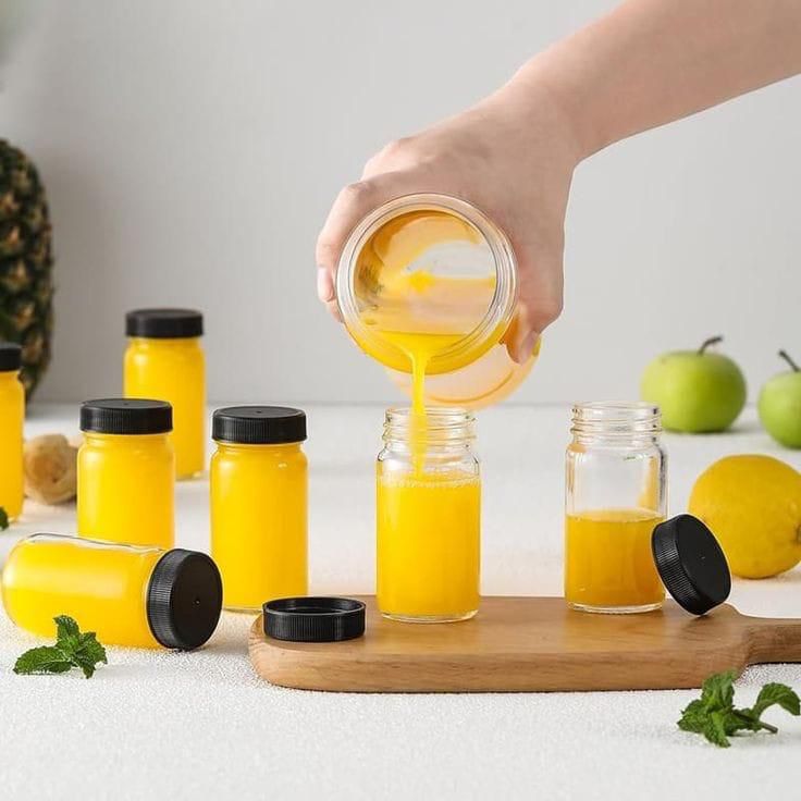 Set of 10 Ginger Shot Glass Bottles | 60ml | Leakproof Black Cap | Reusable | Includes Funnels