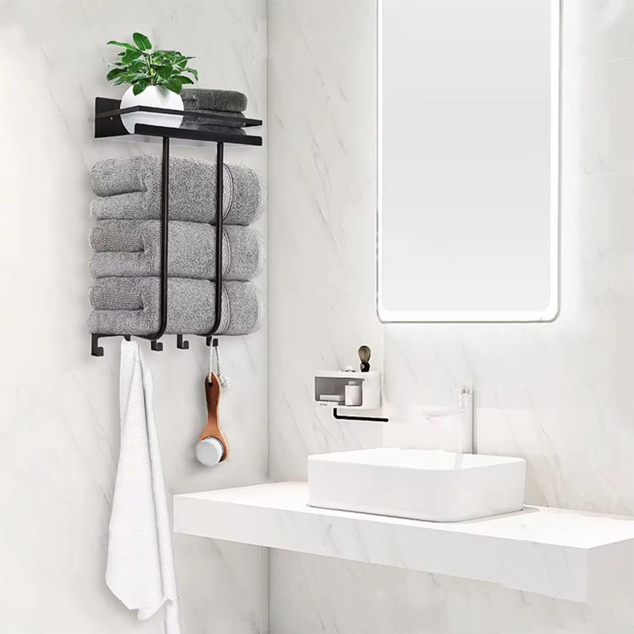 Wall Mounted Bathroom Towel Rack with Metal Shelf & 5 Hooks | Multifunctional | Black | 32×54cm