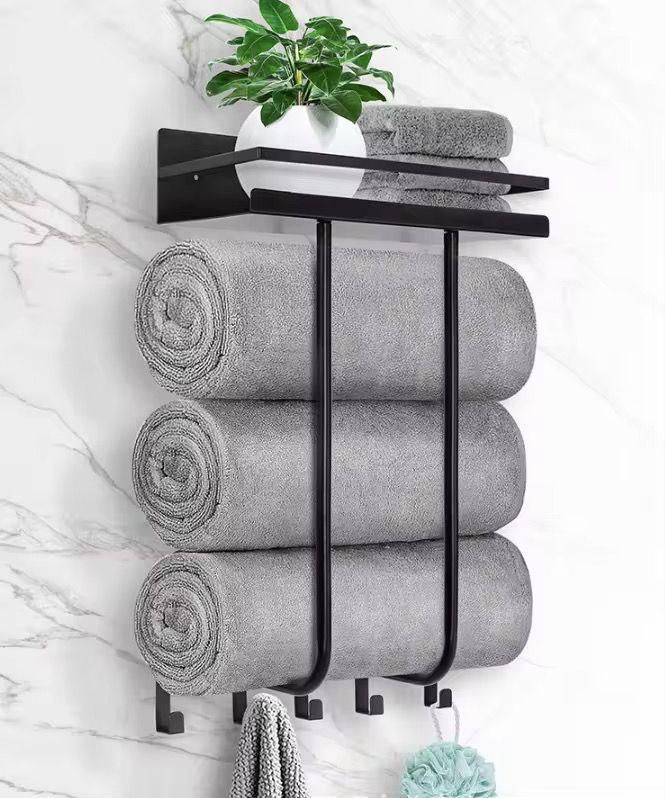 Wall Mounted Bathroom Towel Rack with Metal Shelf & 5 Hooks | Multifunctional | Black | 32×54cm