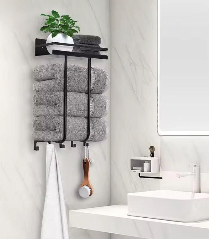 Wall Mounted Bathroom Towel Rack with Metal Shelf & 5 Hooks | Multifunctional | Black | 32×54cm