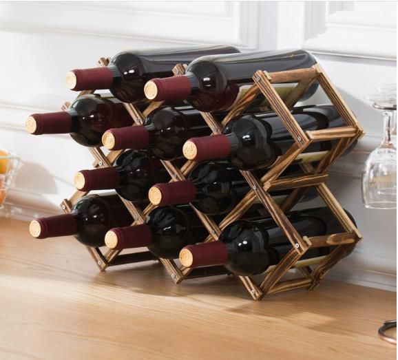 Foldable 10-Slot Wooden Wine Bottle Rack | Collapsible Diamond Design | 45x31cm | Home & Restaurant