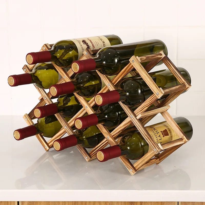 Foldable 10-Slot Wooden Wine Bottle Rack | Collapsible Diamond Design | 45x31cm | Home & Restaurant