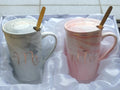 Mr & Mrs Marble Ceramic Mug Gift Set with Lids & Gold Spoons