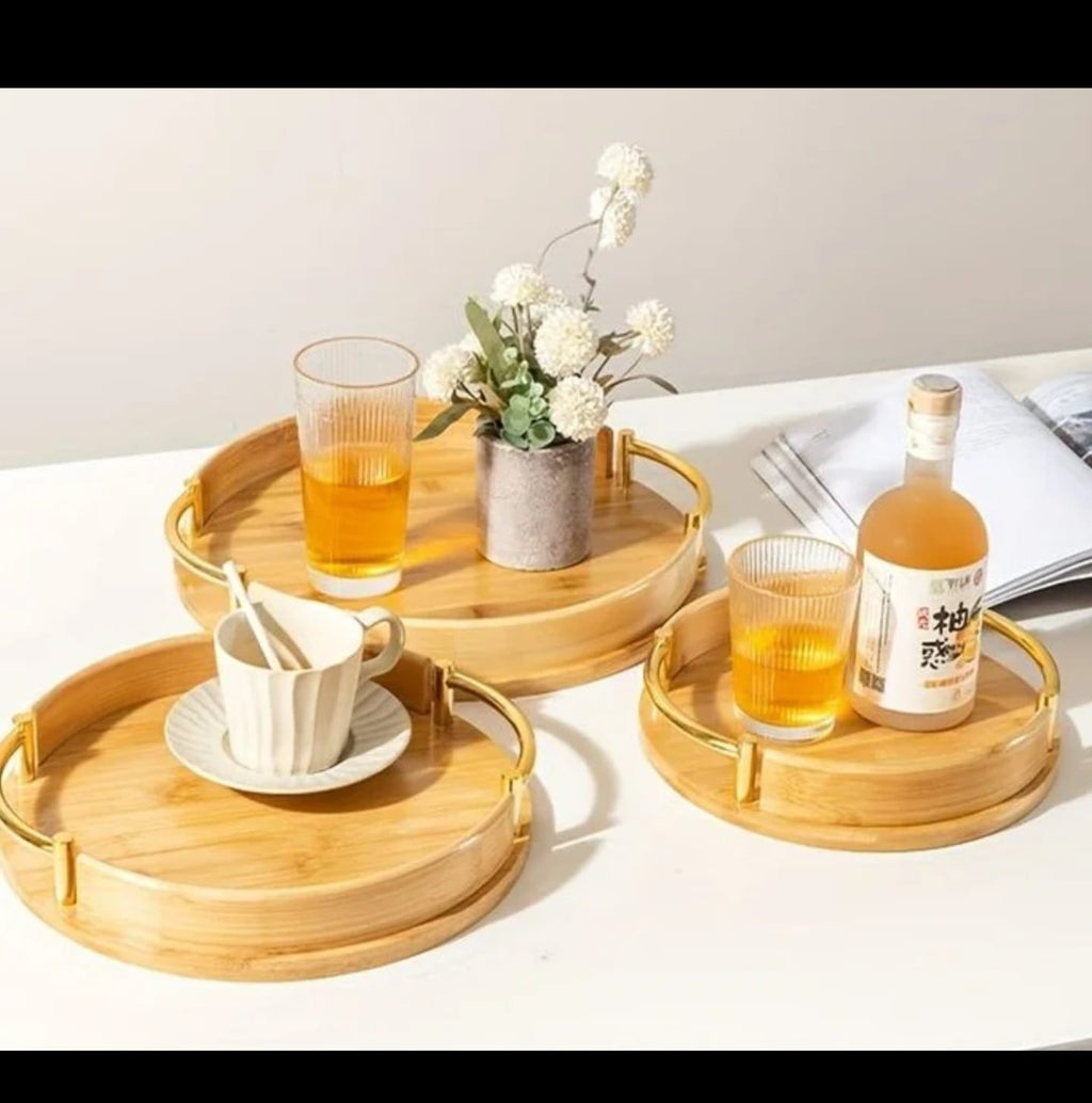 Multi-functional Round Bamboo Wooden Serving Trays with Gold Metal Handles