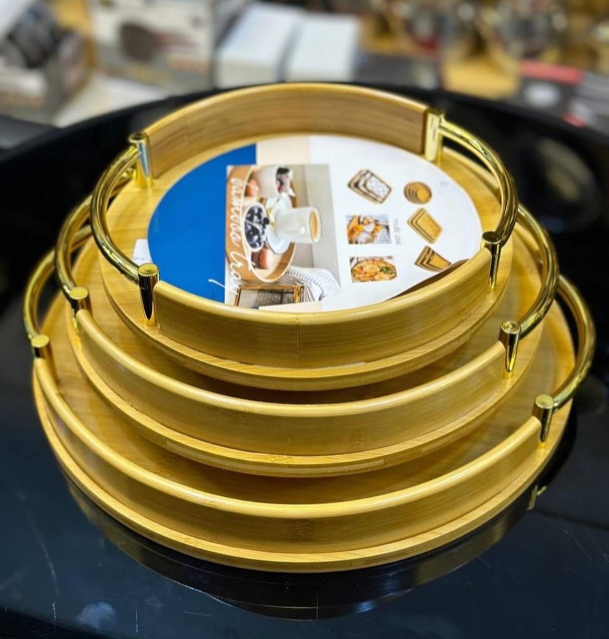 Multi-functional Round Bamboo Wooden Serving Trays with Gold Metal Handles