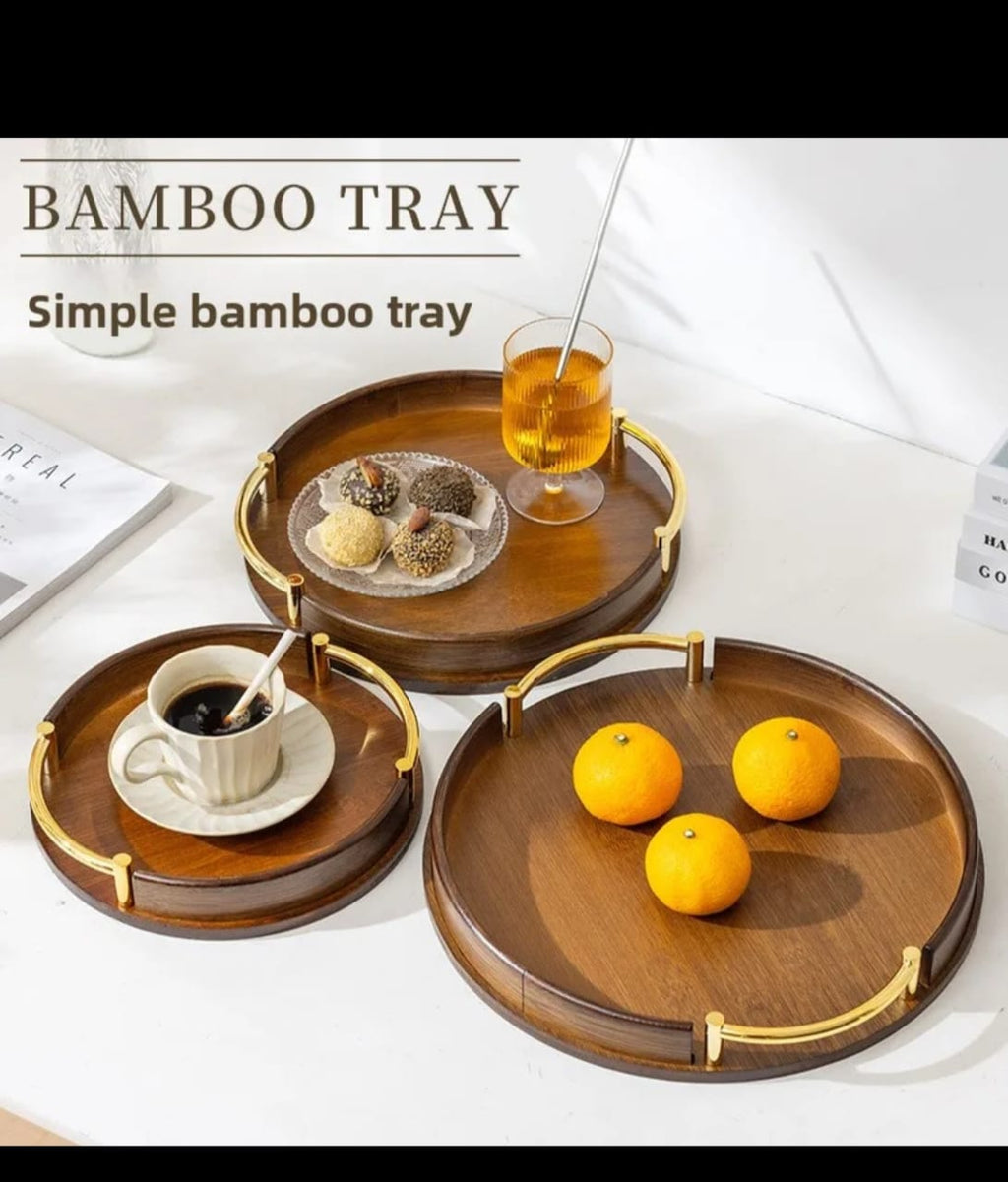 Round Bamboo Decorative Serving Tray with Gold Metal Handles