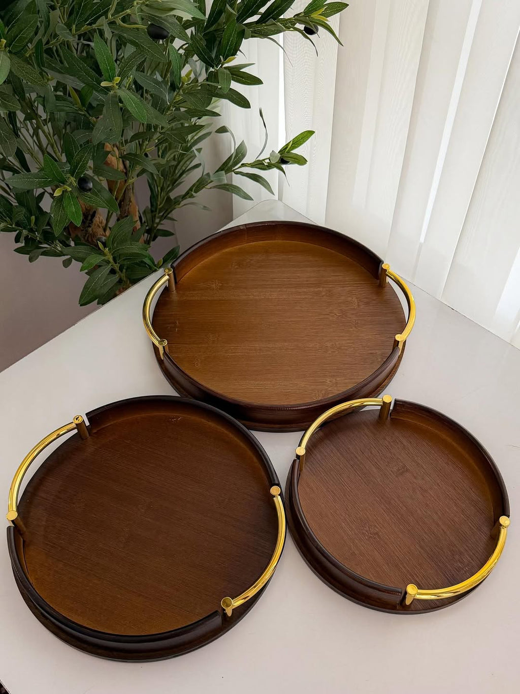 Round Bamboo Decorative Serving Tray with Gold Metal Handles