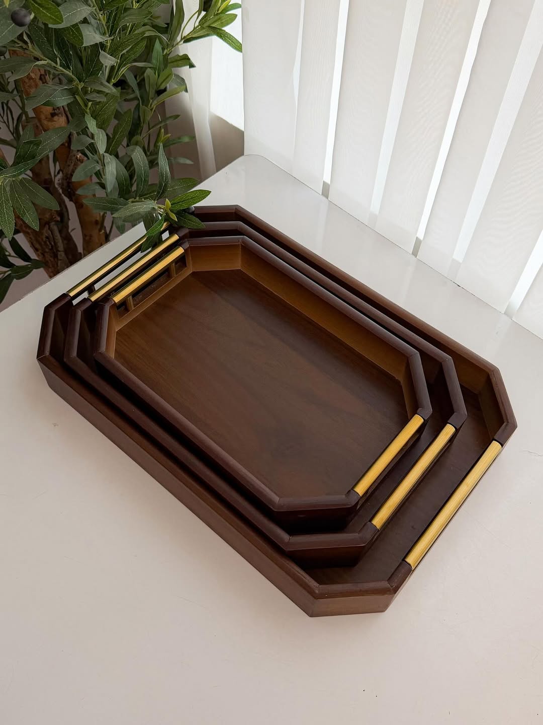 Modern Rectangular Bamboo Decorative Serving Tray with Metal Handles