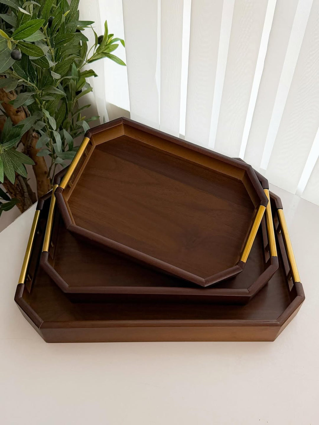 Modern Rectangular Bamboo Decorative Serving Tray with Metal Handles