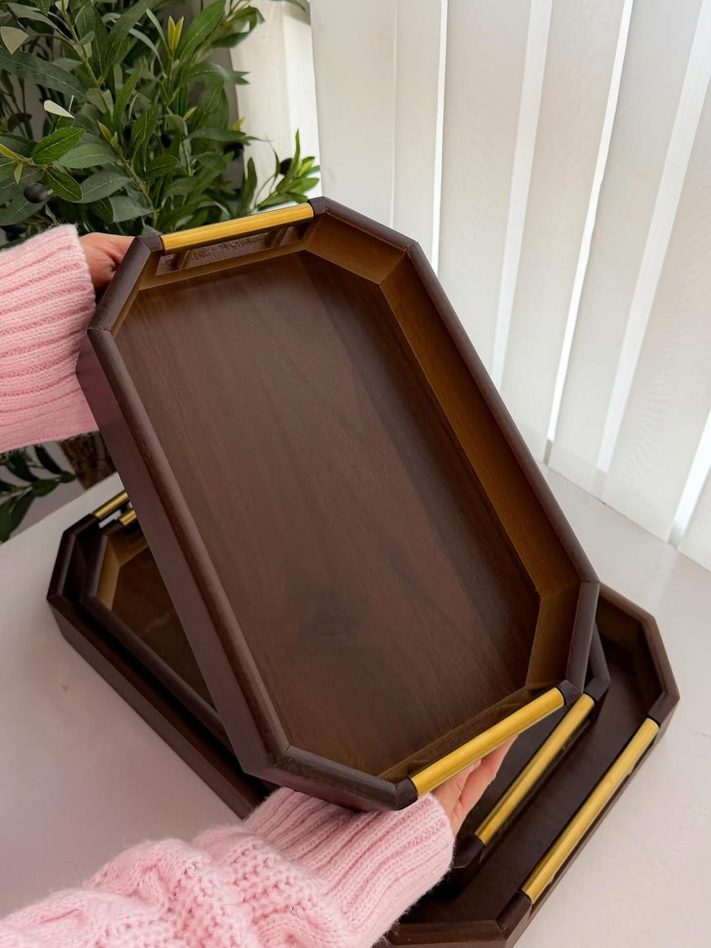 Modern Rectangular Bamboo Decorative Serving Tray with Metal Handles