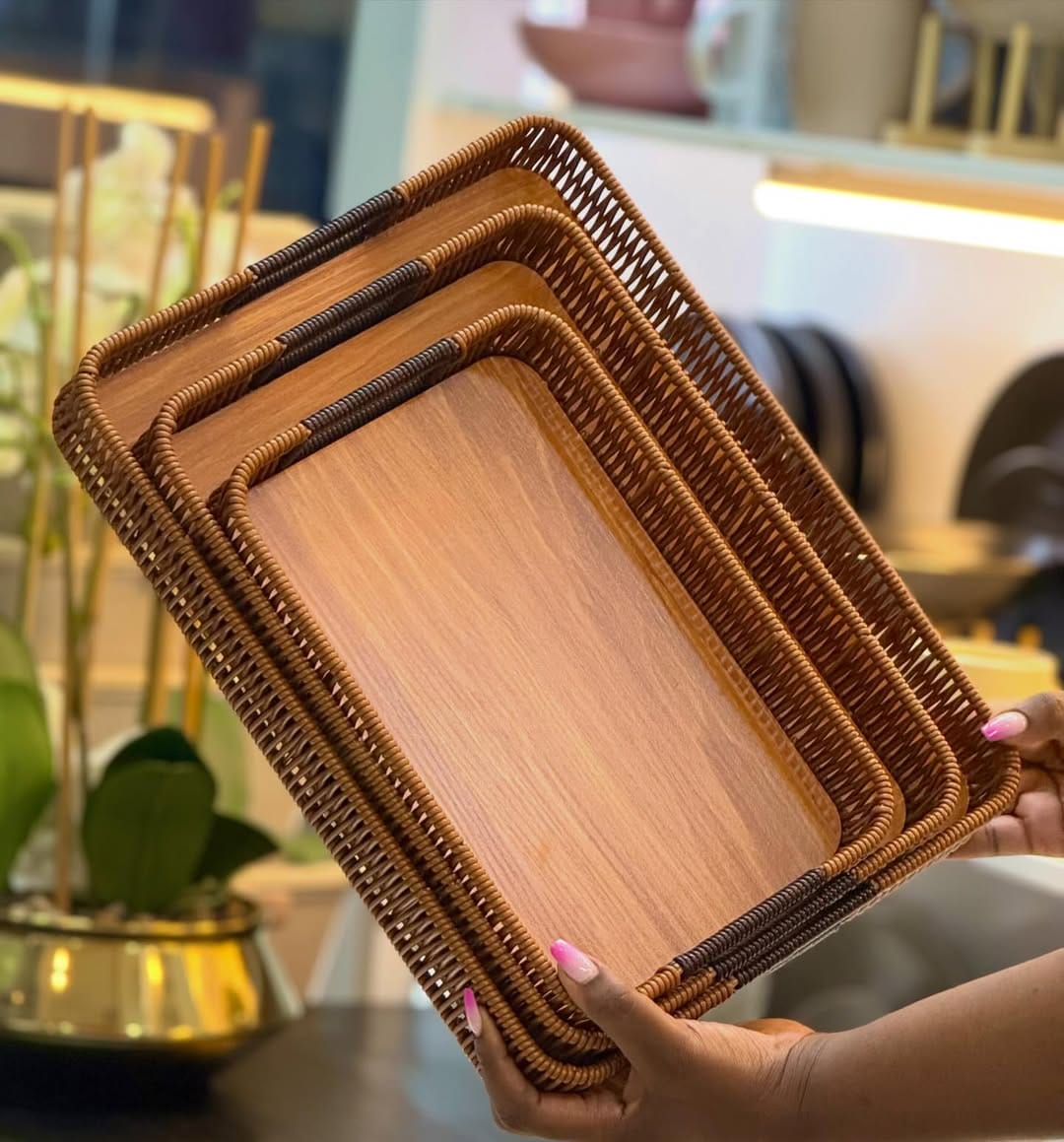 Multi-Functional Hand-Woven Rattan Bamboo Serving Tray Set – Square