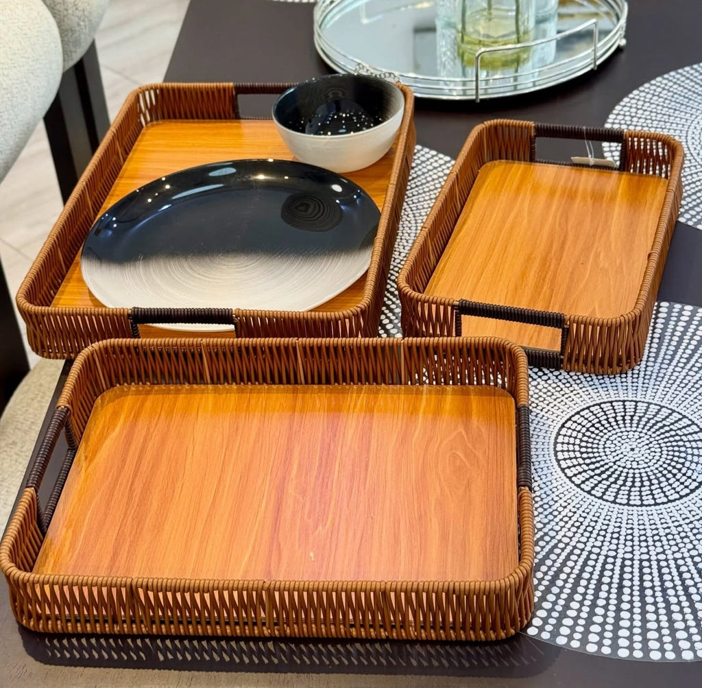Multi-Functional Hand-Woven Rattan Bamboo Serving Tray Set – Square
