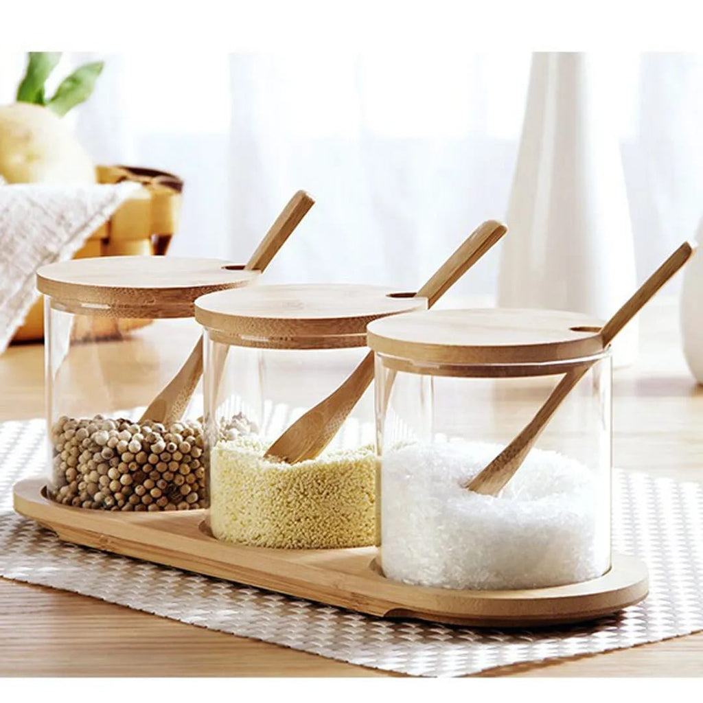 Fresh Plan 3-in-1 Glass Spice Jar Set with Bamboo Stand, Lids & Spoons – 800ml