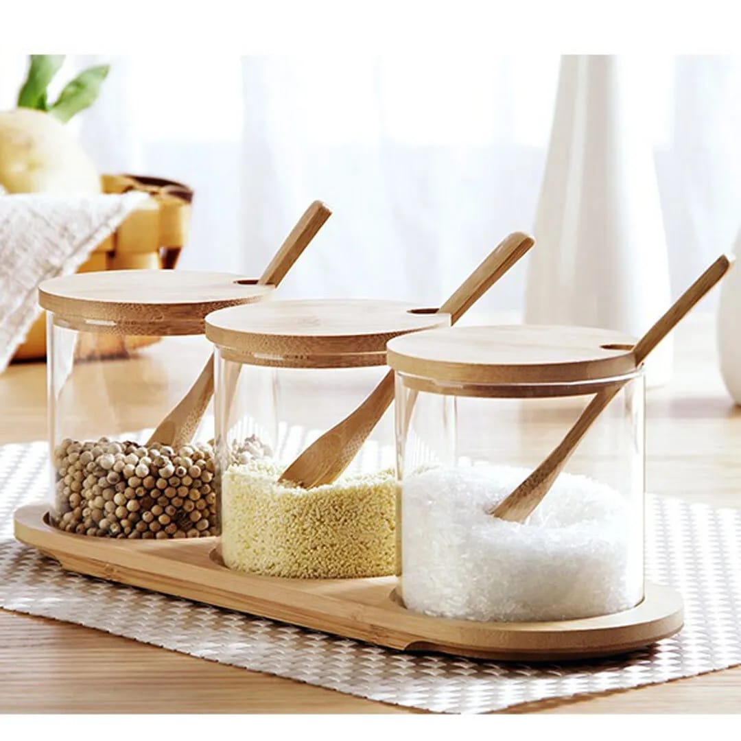 Fresh Plan 3-in-1 Glass Spice Jar Set with Bamboo Stand, Lids & Spoons – 800ml