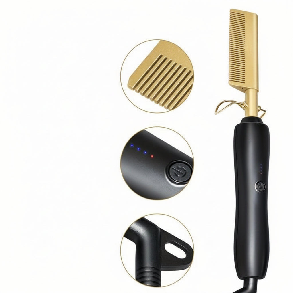 Golden Electric Hot Comb Hair Straightener – Ceramic Tourmaline Heating Comb