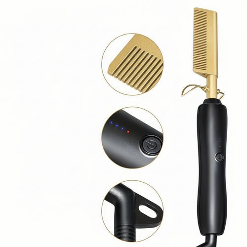 Golden Electric Hot Comb Hair Straightener – Ceramic Tourmaline Heating Comb
