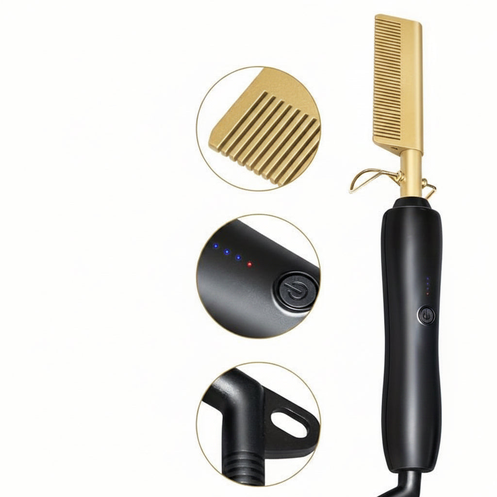 Golden Electric Hot Comb Hair Straightener – Ceramic Tourmaline Heating Comb