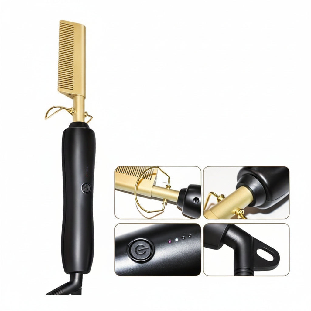 Golden Electric Hot Comb Hair Straightener – Ceramic Tourmaline Heating Comb