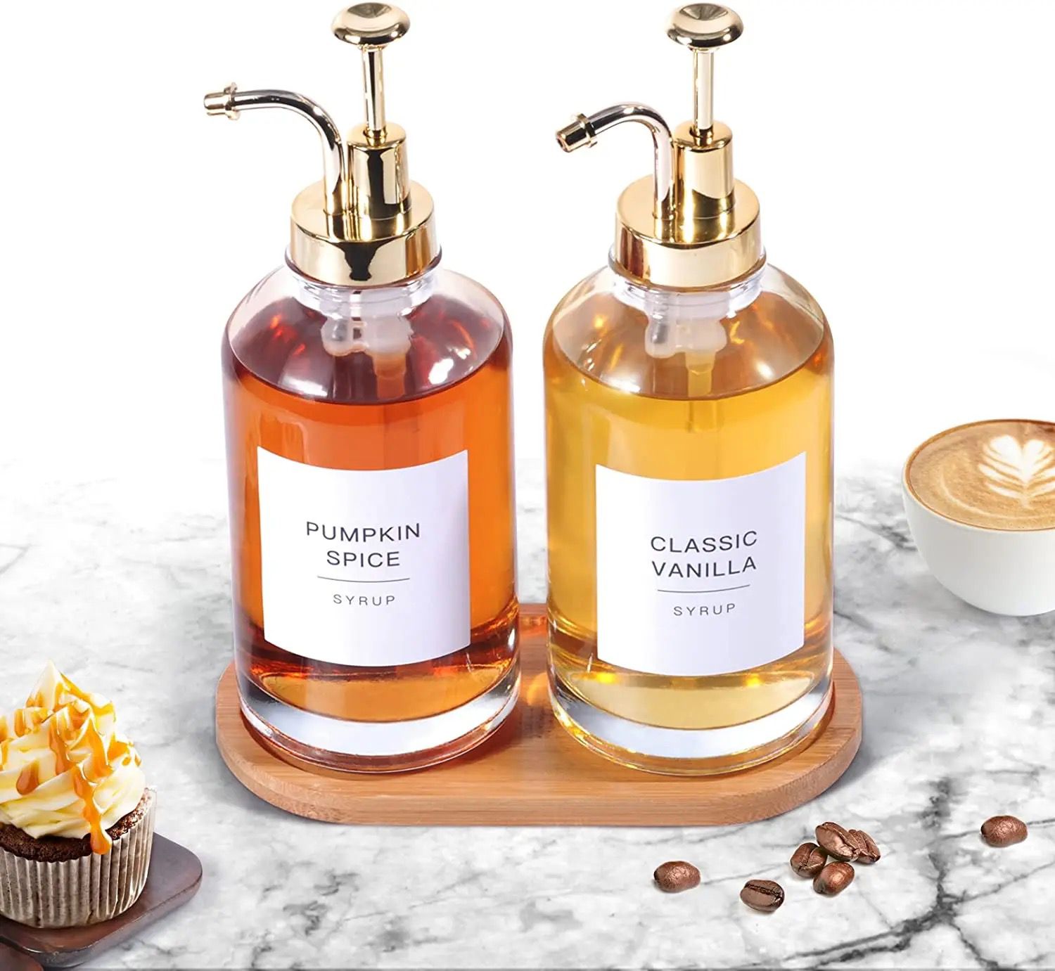 2-Piece Glass Pump Dispenser Set with Bamboo Stand – 500ml | Coffee Syrup & Oil Dispenser