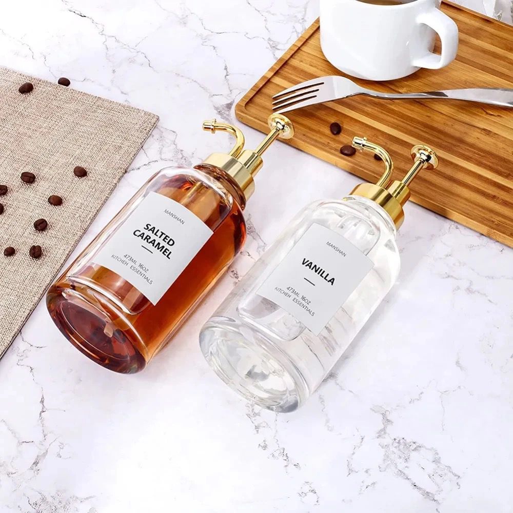 2-Piece Glass Pump Dispenser Set with Bamboo Stand – 500ml | Coffee Syrup & Oil Dispenser