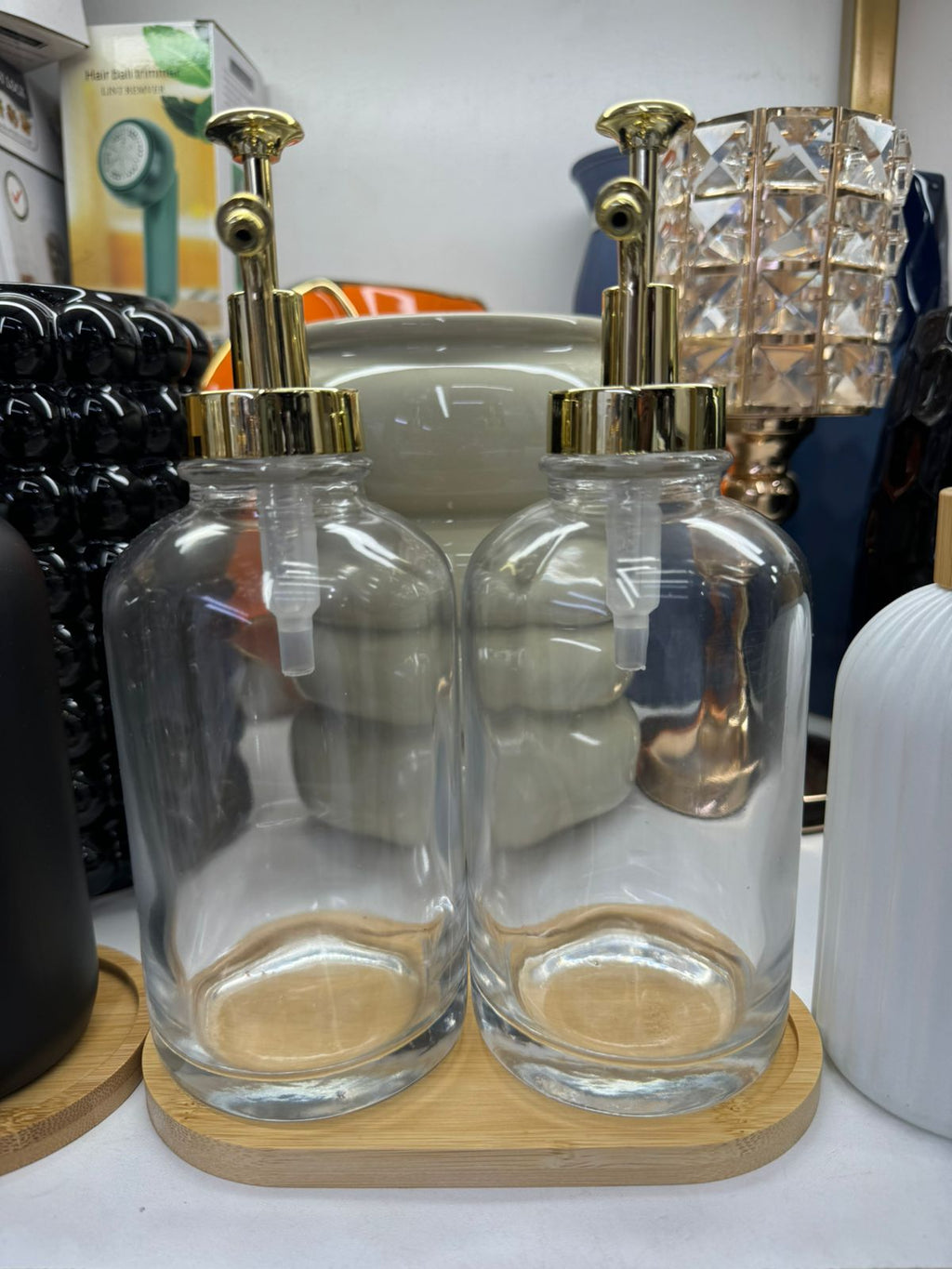 2-Piece Glass Pump Dispenser Set with Bamboo Stand – 500ml | Coffee Syrup & Oil Dispenser