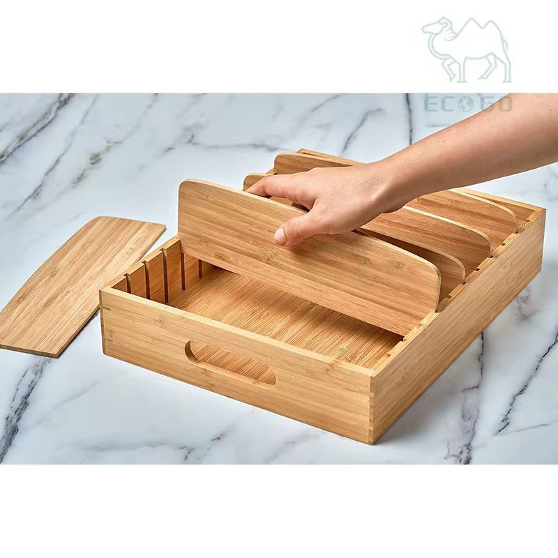 Bamboo Pantry Organiser Storage Bin with Removable Divider – Stackable Kitchen & Countertop Tray