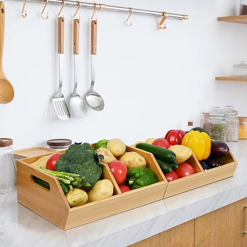 Bamboo Pantry Organiser Storage Bin with Removable Divider – Stackable Kitchen & Countertop Tray