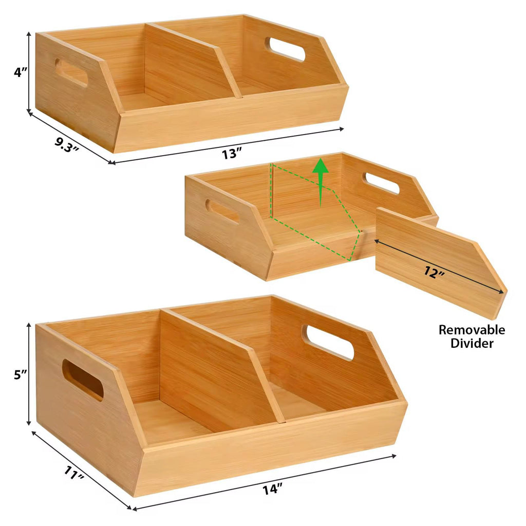 Bamboo Pantry Organiser Storage Bin with Removable Divider – Stackable Kitchen & Countertop Tray