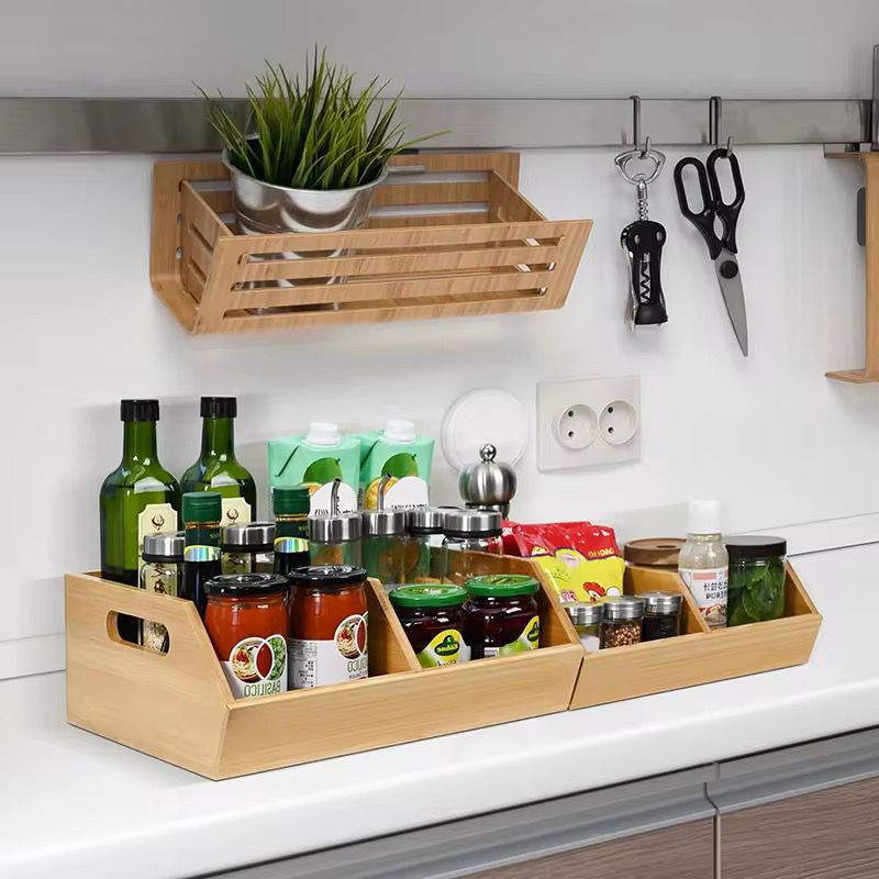 Bamboo Pantry Organiser Storage Bin with Removable Divider – Stackable Kitchen & Countertop Tray