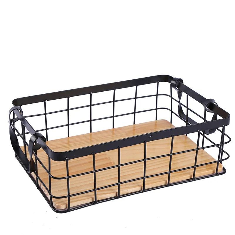 Multipurpose Iron Wire Storage Basket with Bamboo Base & Metal Handles