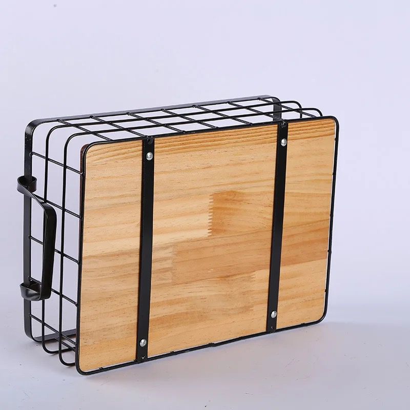 Multipurpose Iron Wire Storage Basket with Bamboo Base & Metal Handles