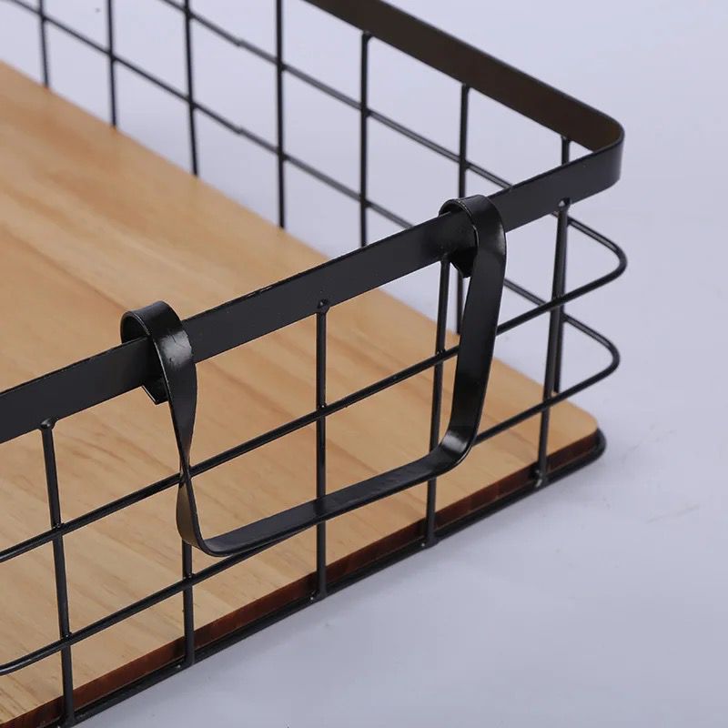 Multipurpose Iron Wire Storage Basket with Bamboo Base & Metal Handles