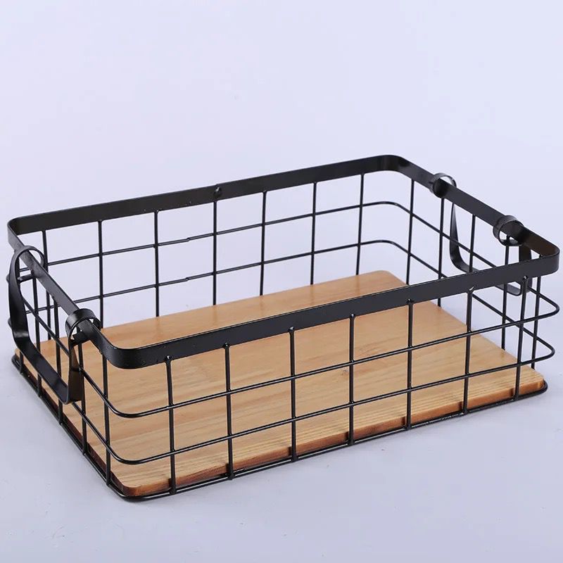 Multipurpose Iron Wire Storage Basket with Bamboo Base & Metal Handles