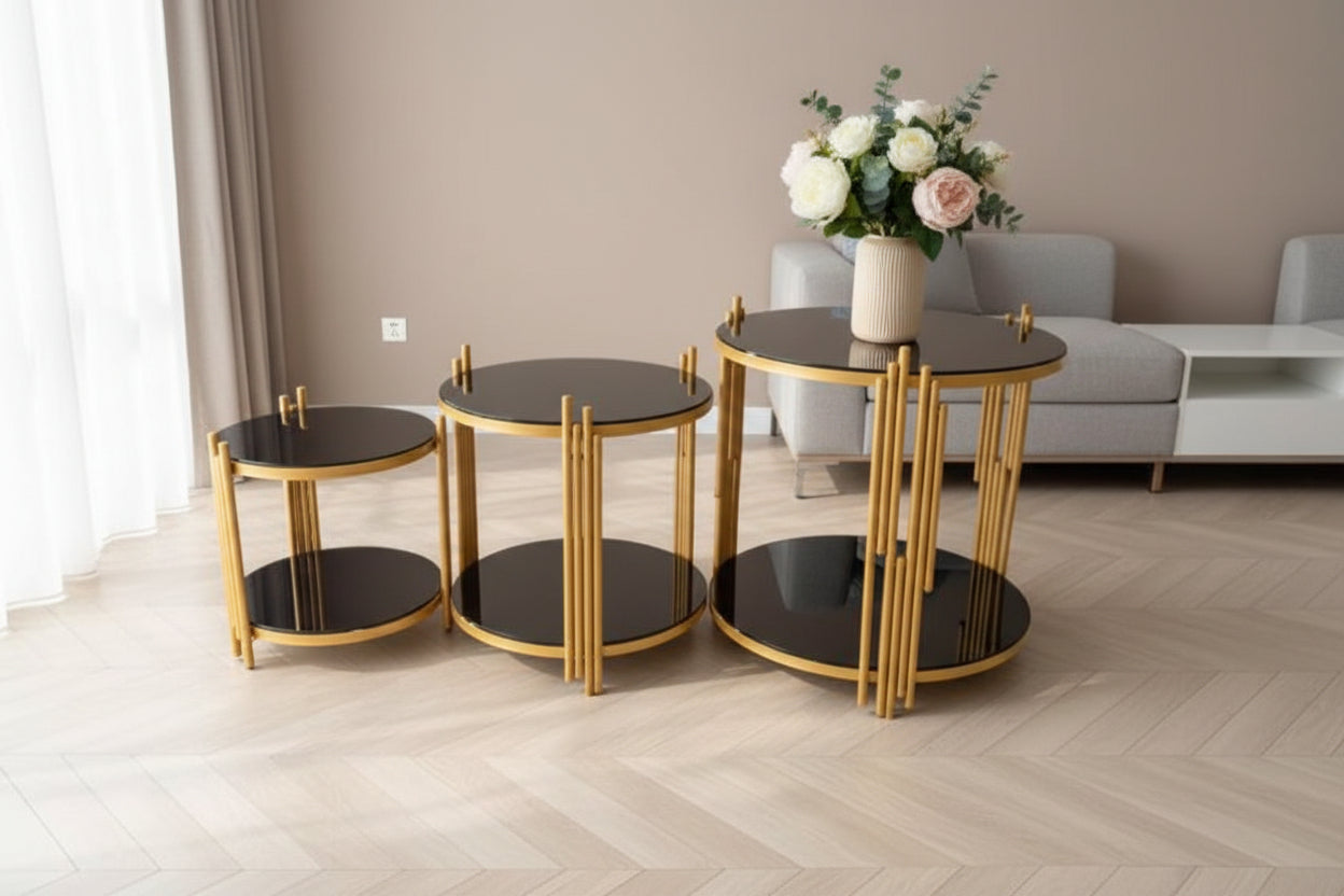3-in-1 Executive Glass Effect Coffee Table Set – Black & Gold