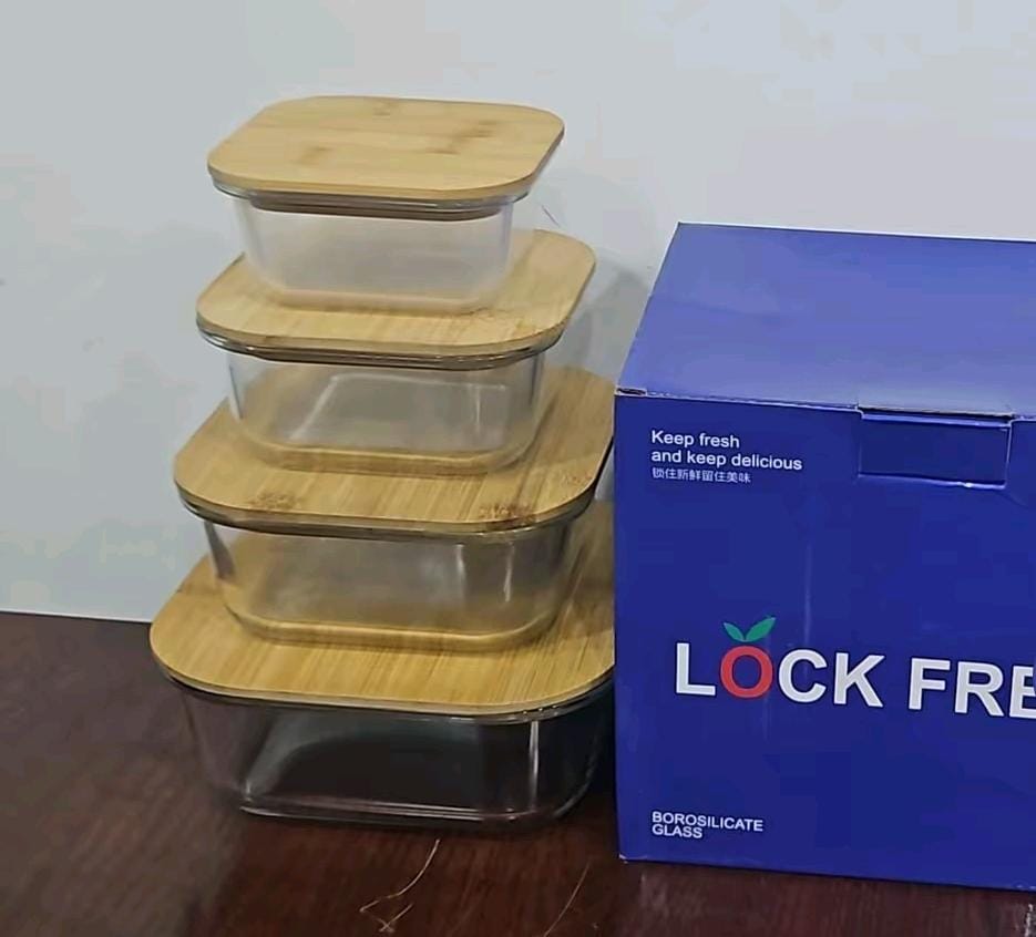 Lock Fresh 4-in-1 Heavy Glass Food Storage Containers with Airtight Bamboo Lids (4pc Set)